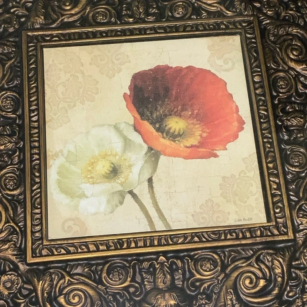 Pair Of Peonies Matted Framed Pictures~Antique Bronze & Brown Frames~Traditional